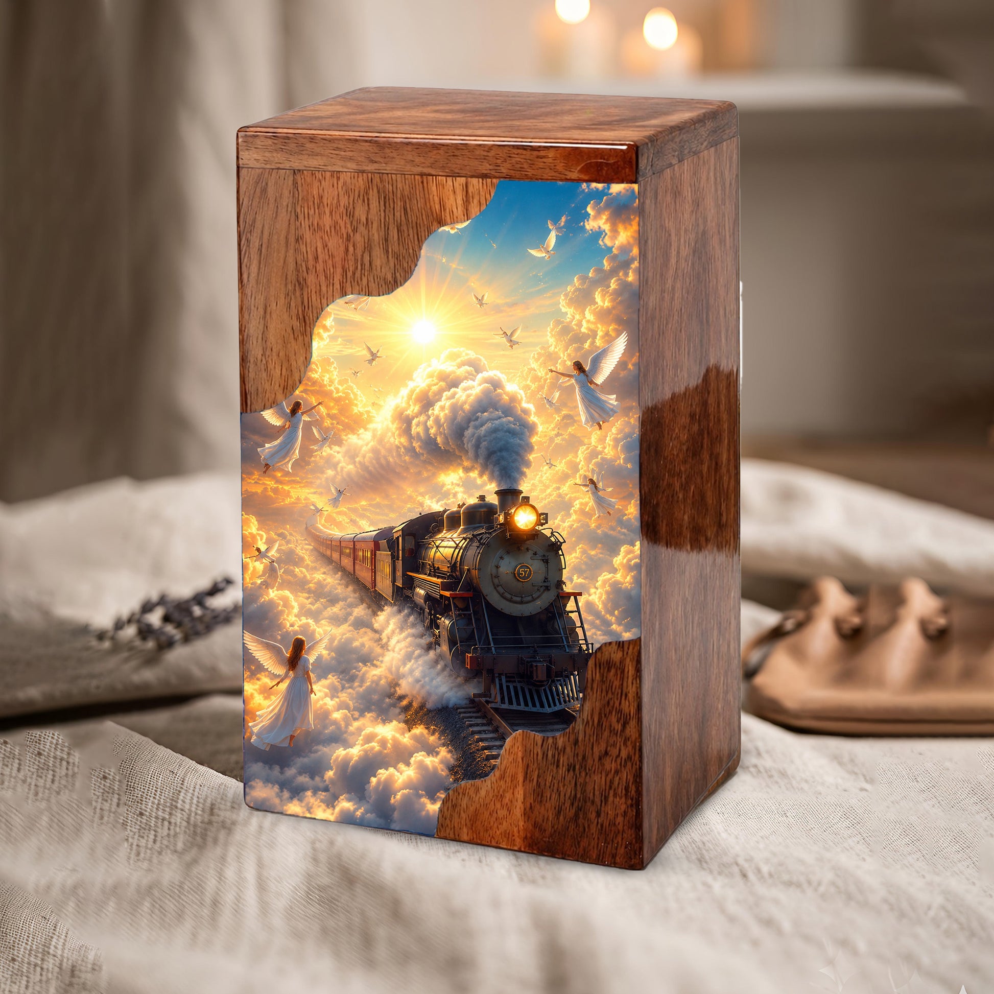 Heaven Bound Train Wooden Cremation Urn – Angel Memorial Urn | Wooden Urn for Human Ashes