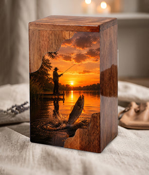 Sunset Fishing Wooden Cremation Urn – Personalized Memorial Urn for Human Ashes