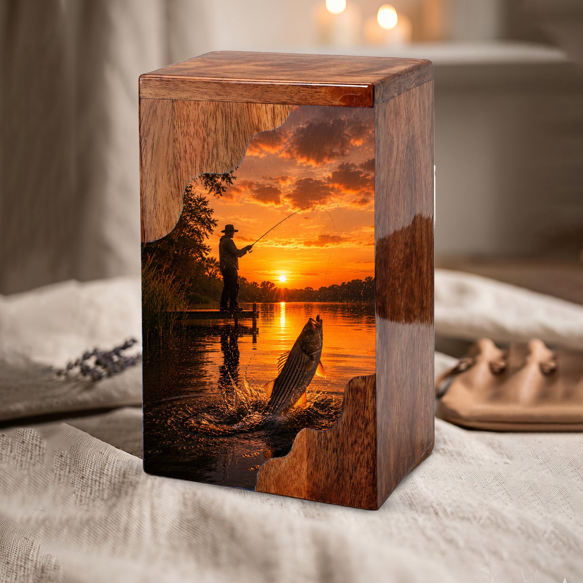 Sunset Fishing Wooden Cremation Urn – Personalized Memorial Urn for Human Ashes