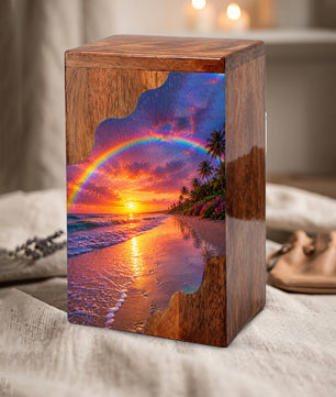 Beach Wooden Cremation Urn for Human Ashes | Rainbow Ocean Sunset Memorial Urn