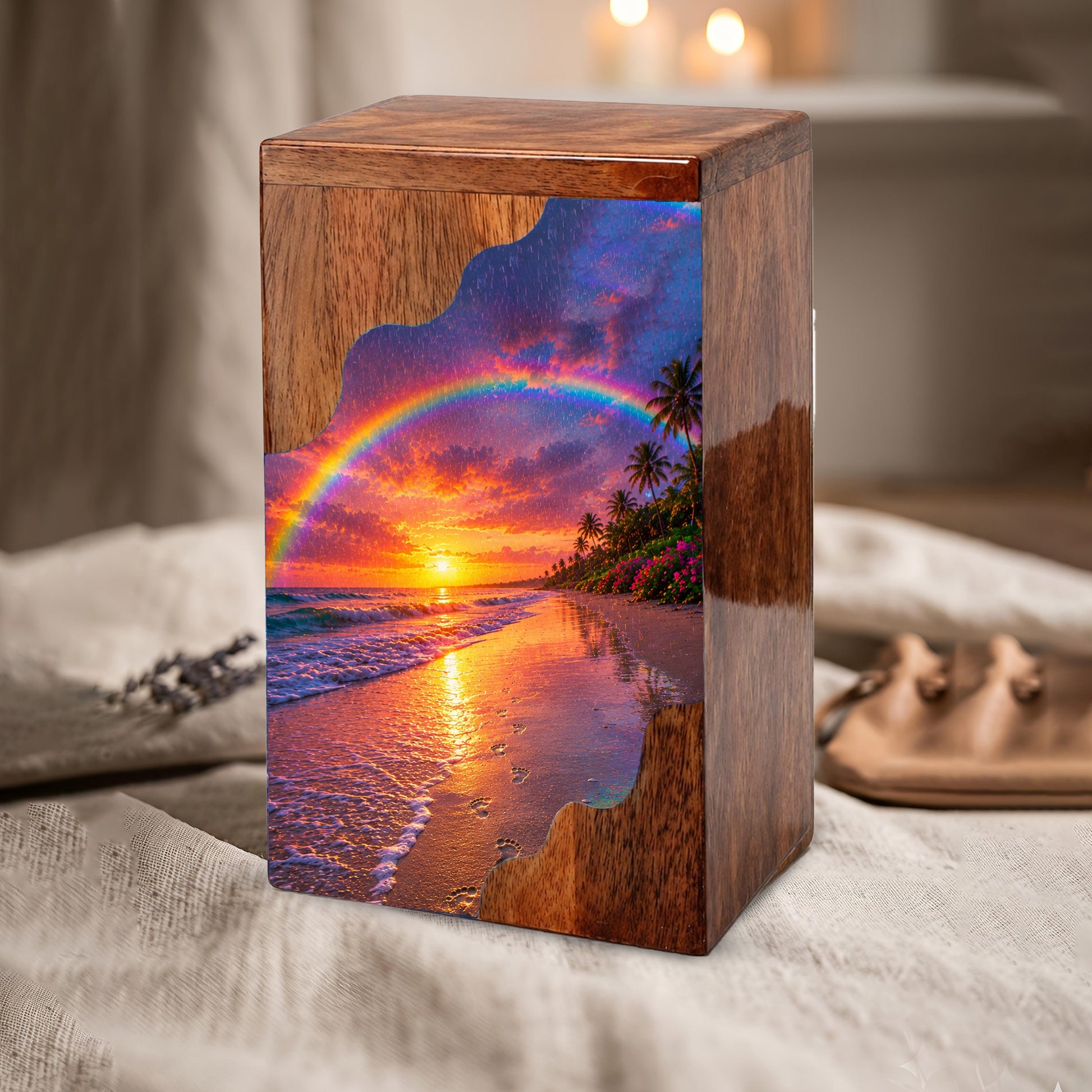 Beach Wooden Cremation Urn for Human Ashes | Rainbow Ocean Sunset Memorial Urn