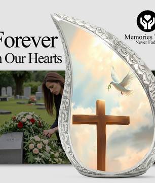 Christian Cross Personalized Cremation Urn – Teardrop Memorial Urn for Ashes | 10 Inch Aluminum Adult Urn