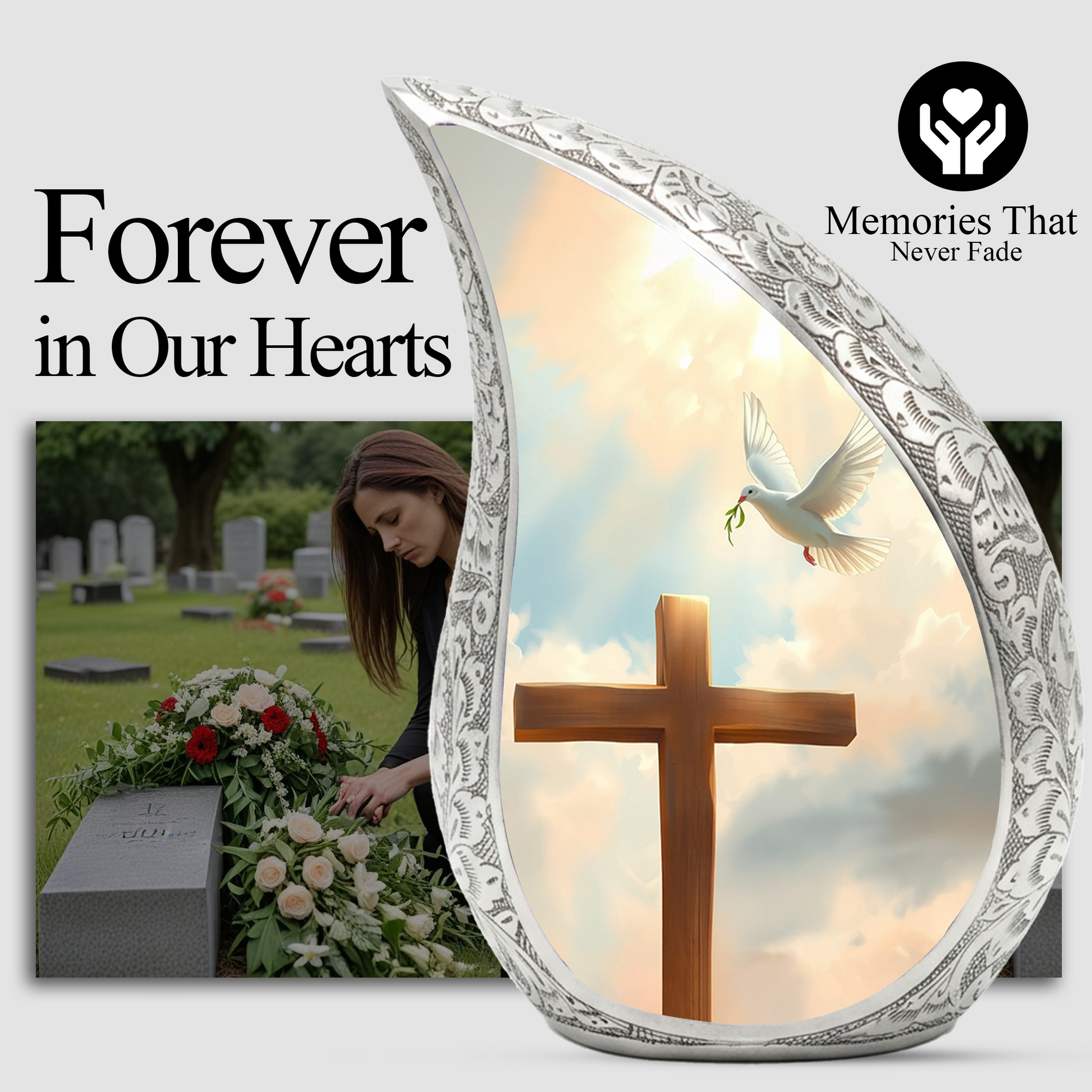 Christian Cross Personalized Cremation Urn – Teardrop Memorial Urn for Ashes | 10 Inch Aluminum Adult Urn