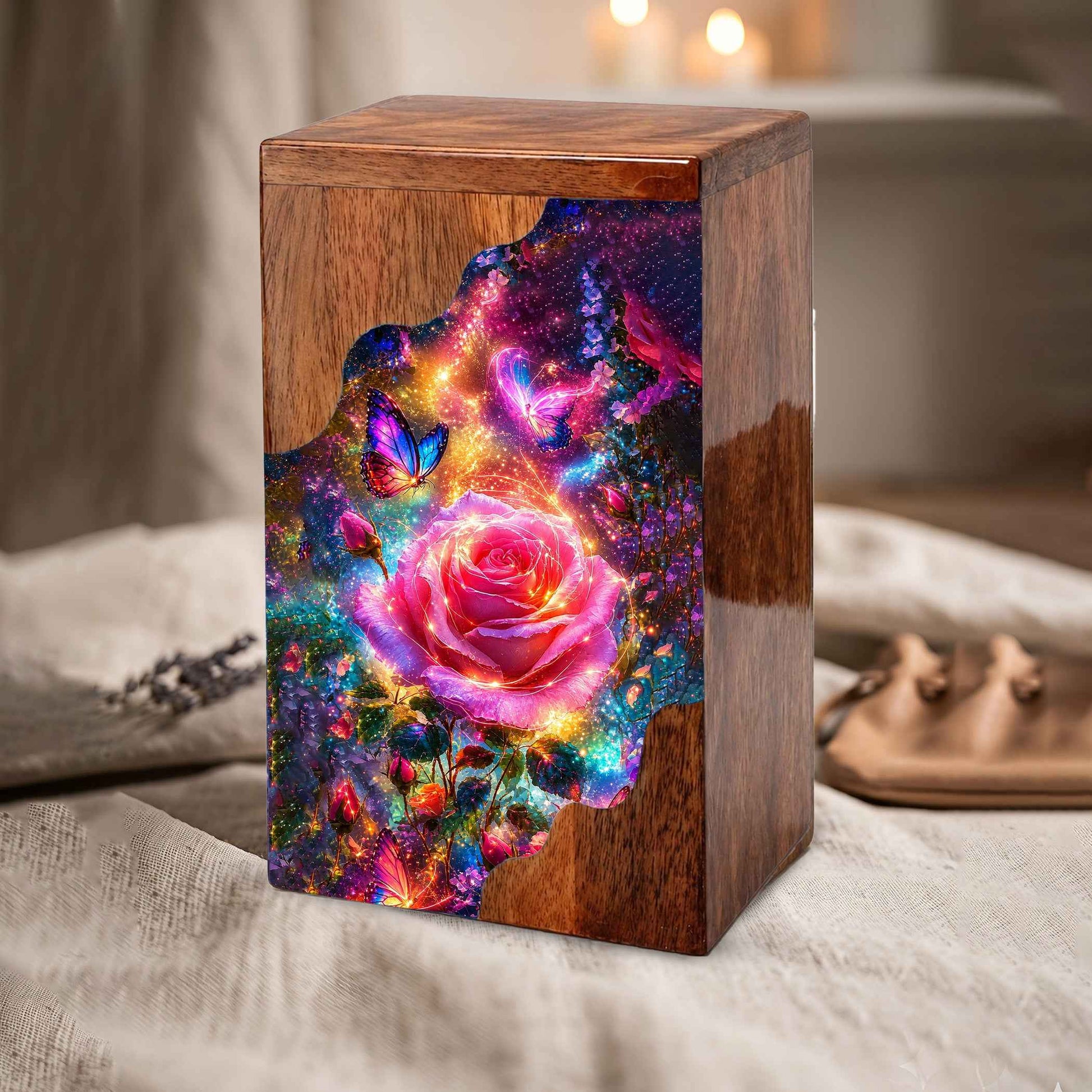 Rose Butterfly Wooden Cremation Urn for Human Ashes