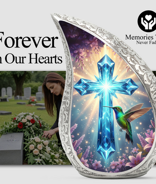 Christian Cross Personalized Cremation Urn – Teardrop Style Aluminum Memorial Urn, 10 Inch