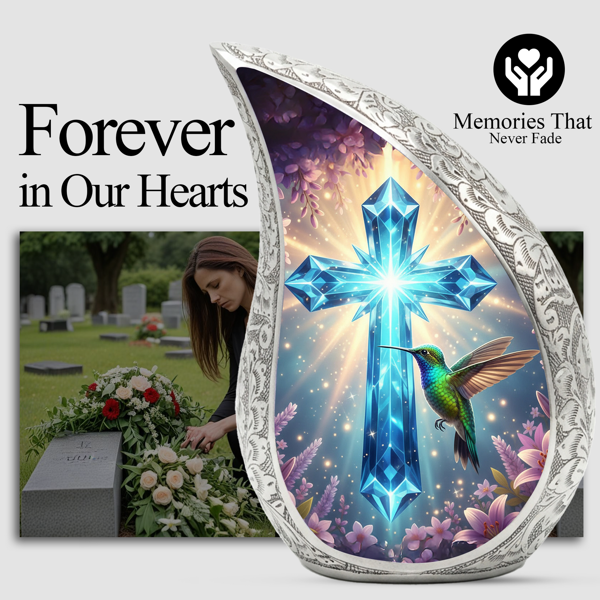 Christian Cross Personalized Cremation Urn – Teardrop Style Aluminum Memorial Urn, 10 Inch