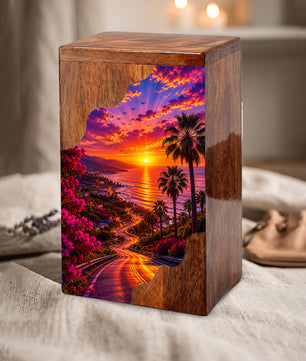 Beach Wooden Cremation Urn for Human Ashes | Coastal Sunset Memorial Urn