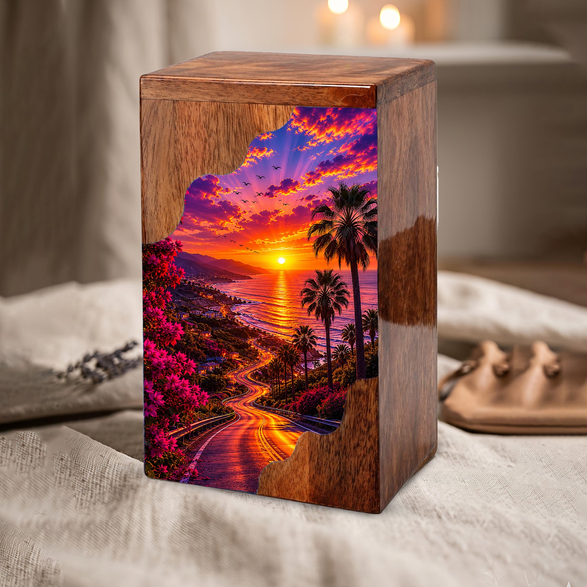 Beach Wooden Cremation Urn for Human Ashes | Coastal Sunset Memorial Urn