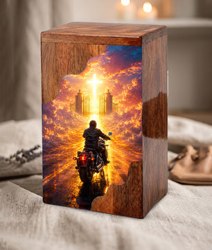 Motorcycle Heaven Wooden Cremation Urn – Christian Memorial Urn for Human Ashes