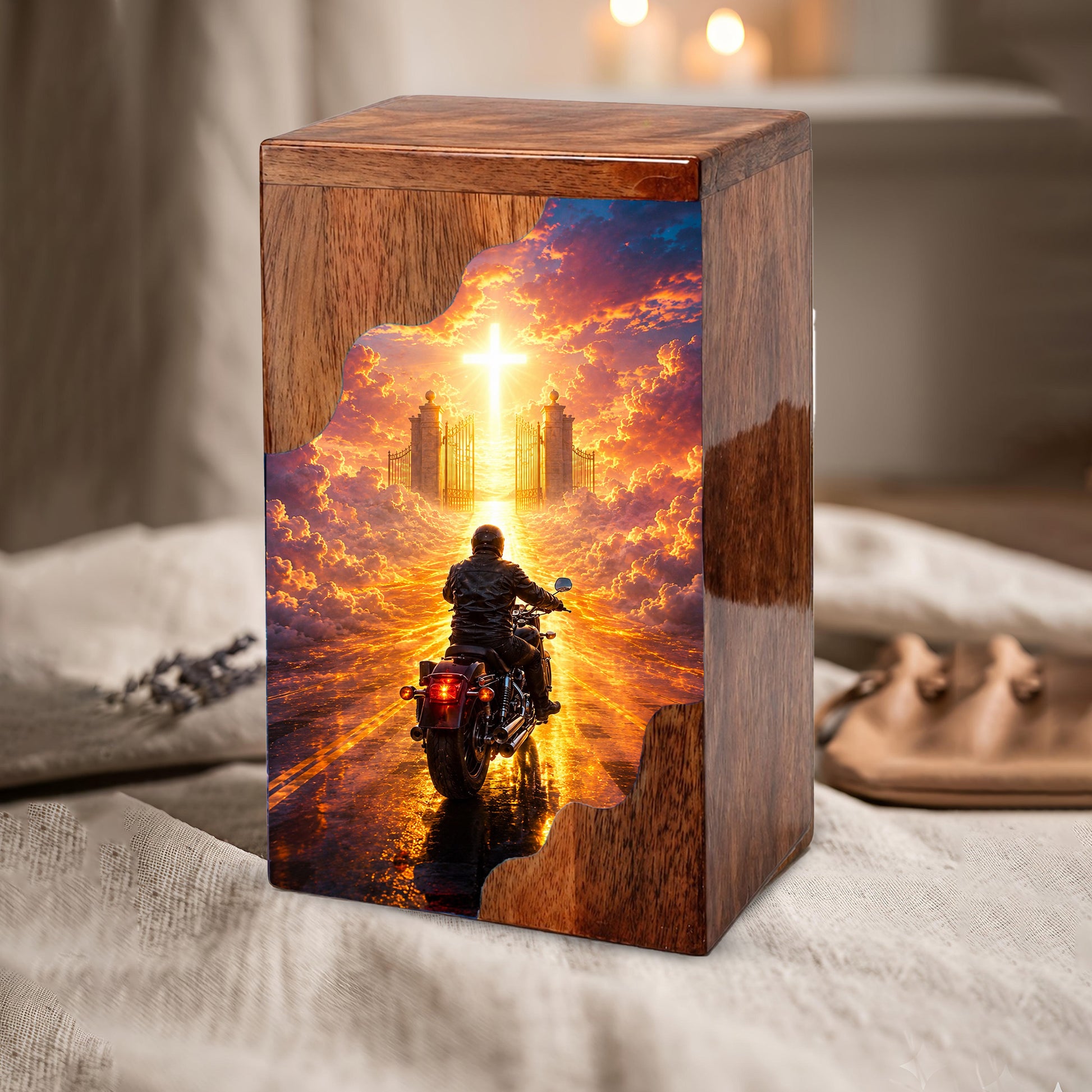 Motorcycle Heaven Wooden Cremation Urn – Christian Memorial Urn for Human Ashes