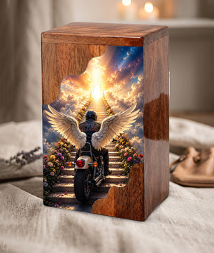 Motorcycle Heaven Wooden Cremation Urn – Ride Into Heaven Memorial Urn for Human Ashes