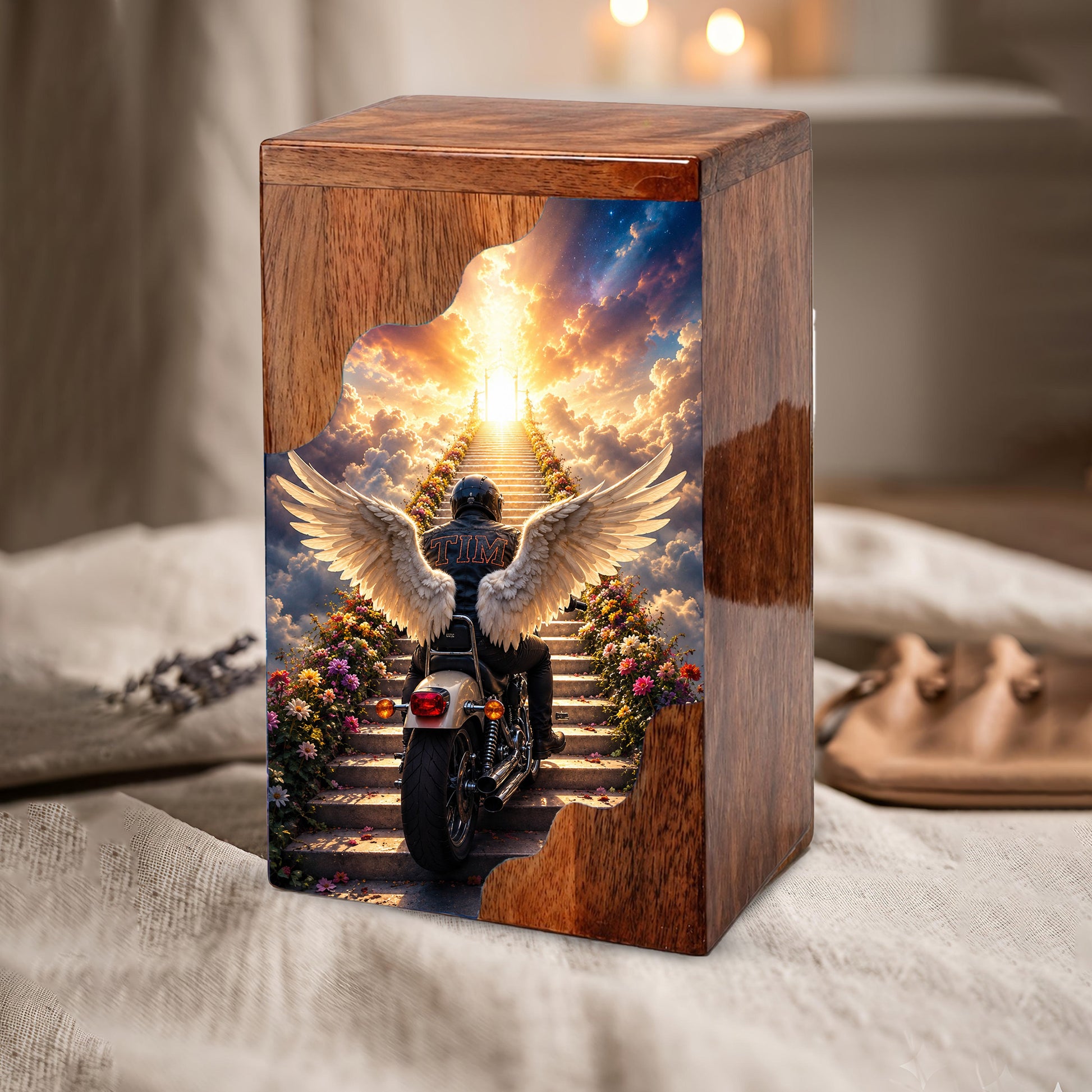 Motorcycle Heaven Wooden Cremation Urn – Ride Into Heaven Memorial Urn for Human Ashes