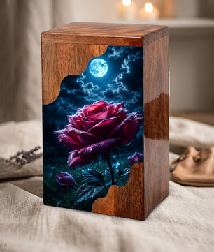 Moonlit Rose Wooden Cremation Urn – Rose Memorial Urn for Human Ashes