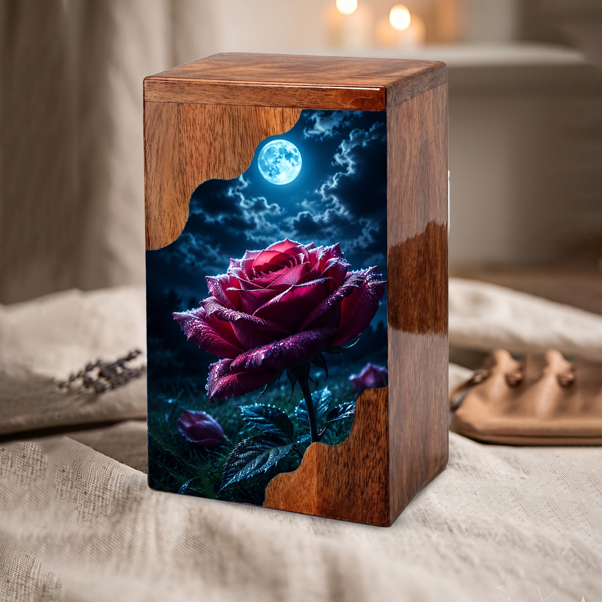 Moonlit Rose Wooden Cremation Urn – Rose Memorial Urn for Human Ashes