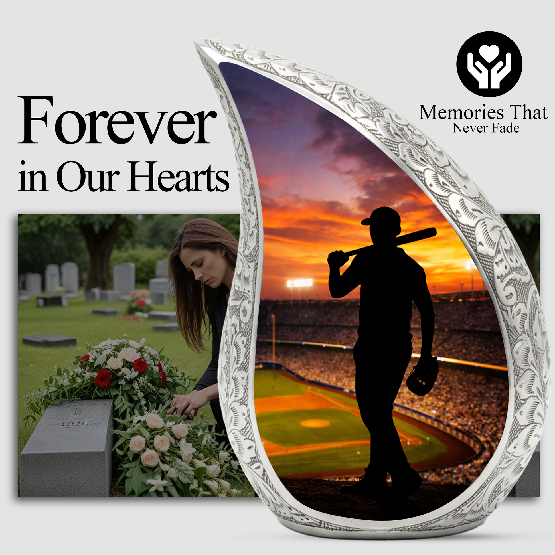 Baseball Personalized Cremation Urn – Teardrop Style Aluminum Memorial Urn, 10 Inch