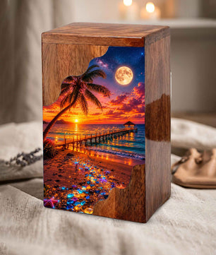 Beach Sunset Wooden Cremation Urn – Tropical Ocean Memorial Urn with Moonlit Shore