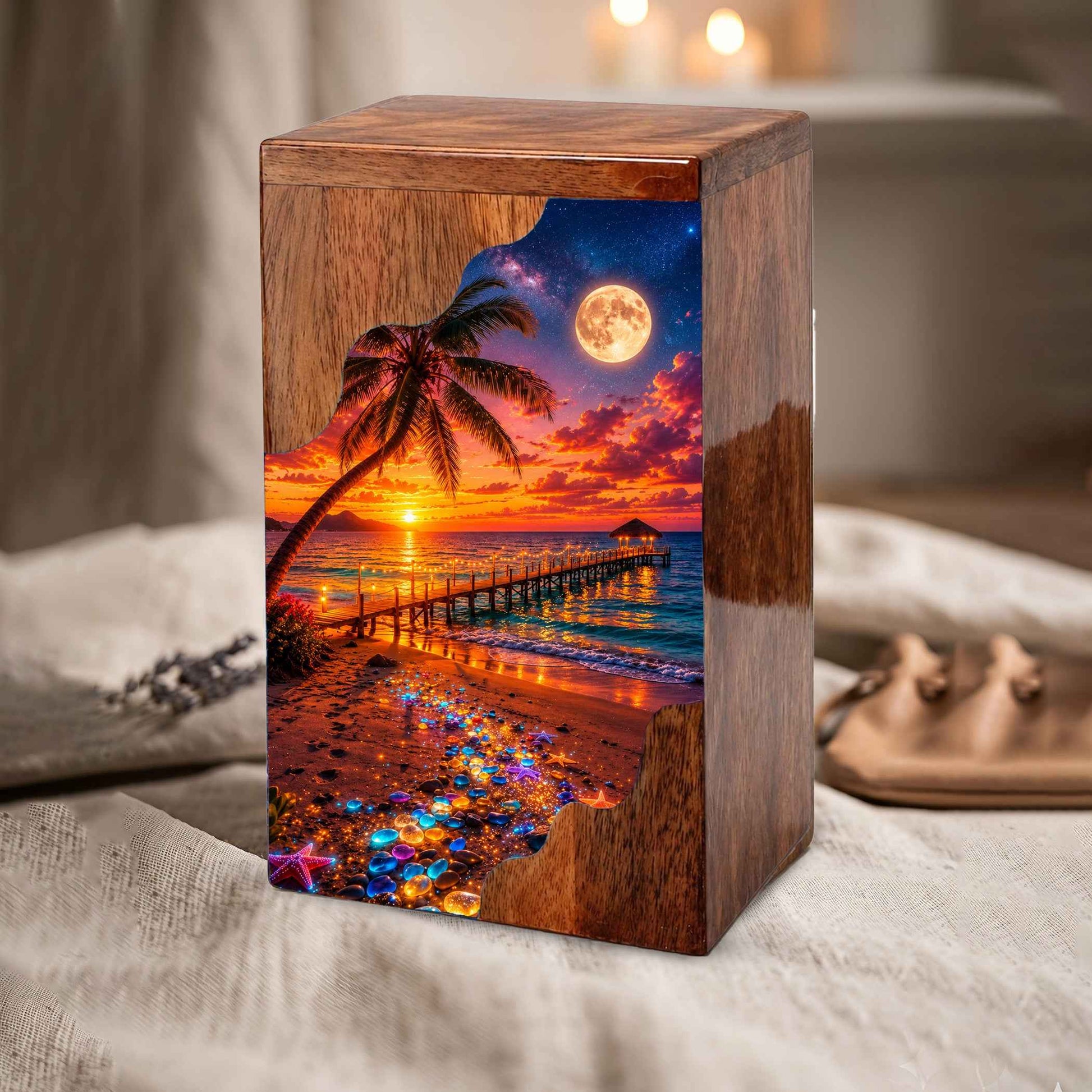 Beach Sunset Wooden Cremation Urn – Tropical Ocean Memorial Urn with Moonlit Shore