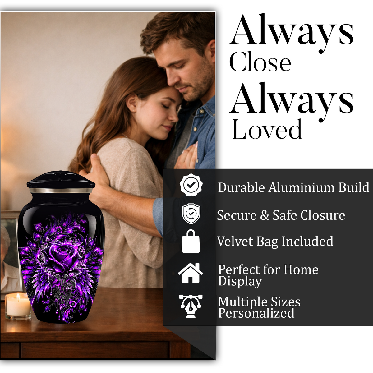 Purple Rose Adult Urn for Ashes – Gothic Floral Design Black Cremation Urn for Adults