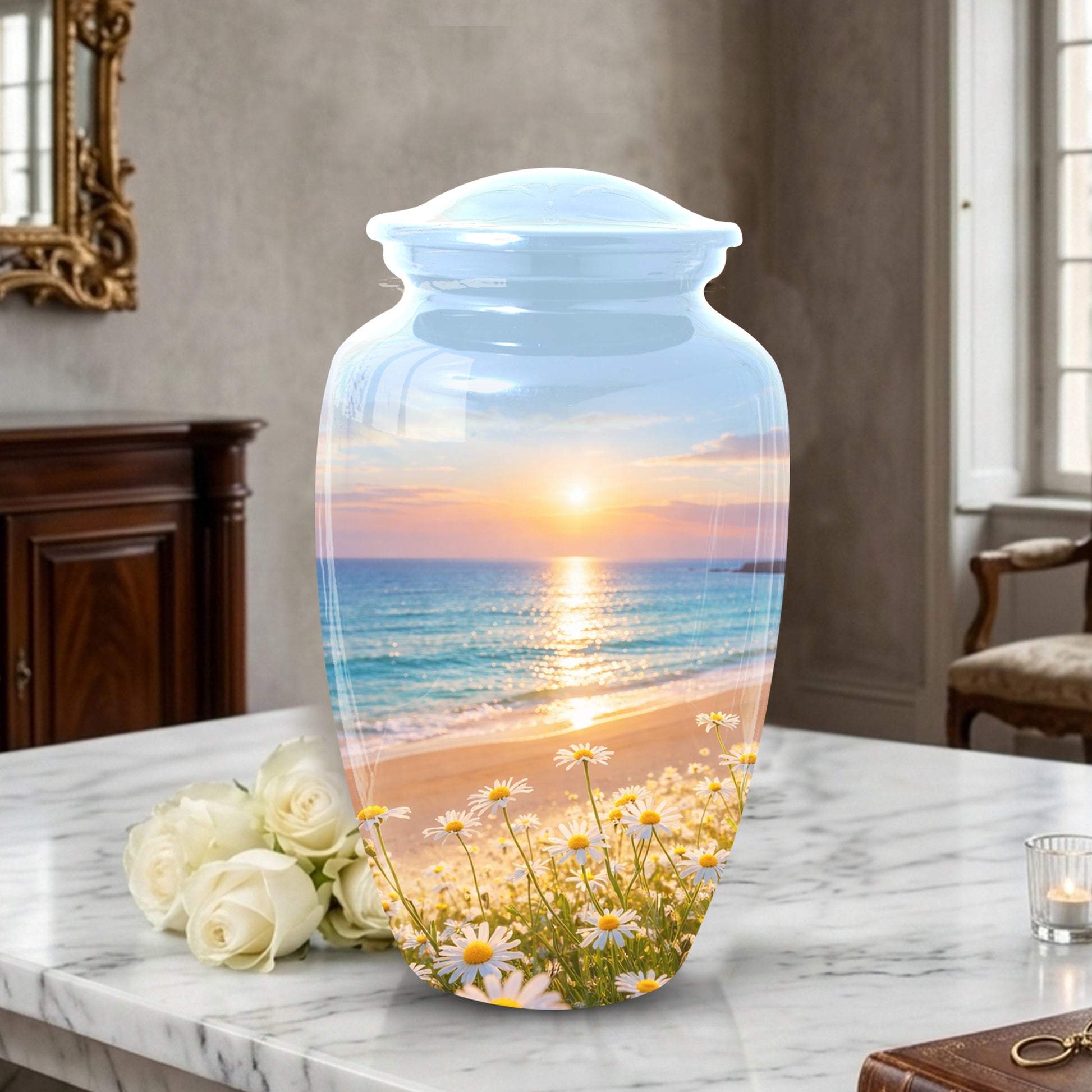 Beach Urn for Mom – Sunset Ocean Cremation Urn for Ashes | Beautiful Memorial Large Urn for Women