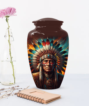 Native American Inspired Cremation Urn for Adult Ashes | Tribal Portrait Memorial Adult Urn