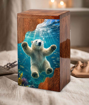 Wooden Cremation Urn for Human Ashes | Polar Bear Memorial Urn