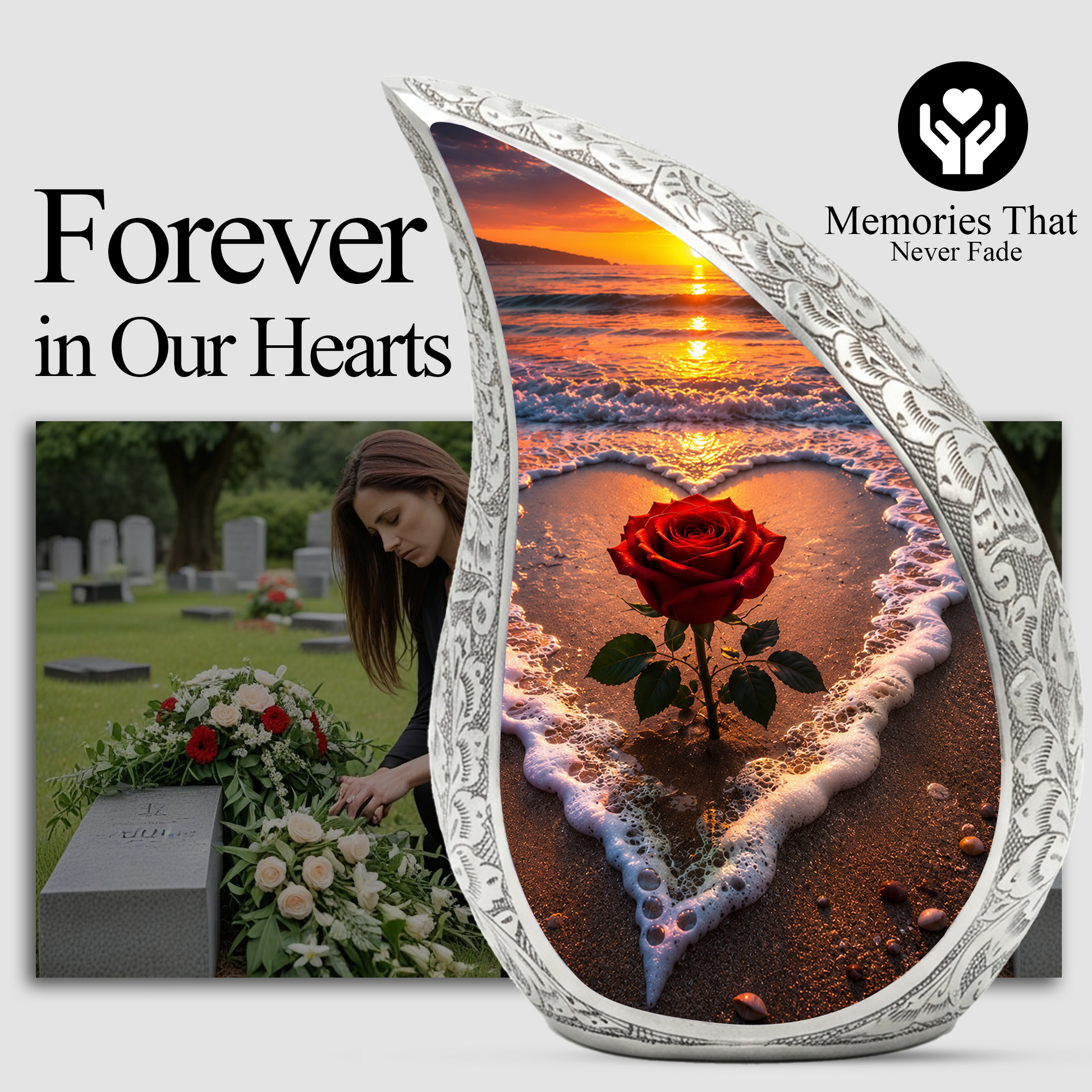 Beach Rose Cremation Urn for Human Ashes | Ocean Sunset Beach Themed Memorial Urn