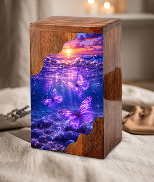 Purple Butterfly Ocean Wooden Cremation Urn – Wooden Urn for Human Ashes