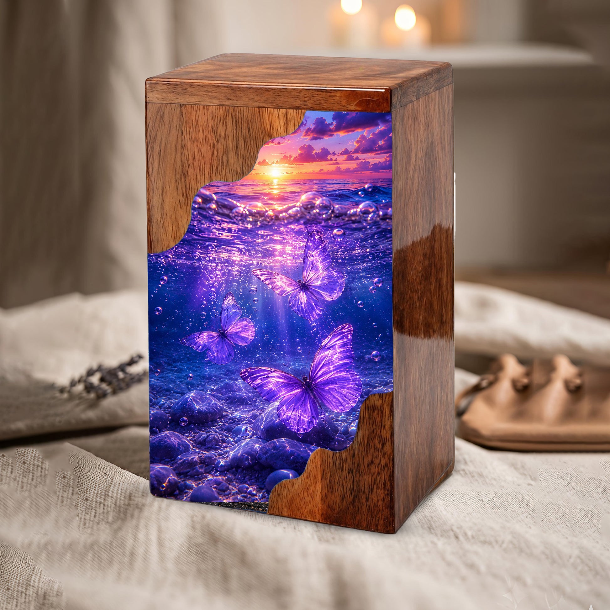 Purple Butterfly Ocean Wooden Cremation Urn – Wooden Urn for Human Ashes