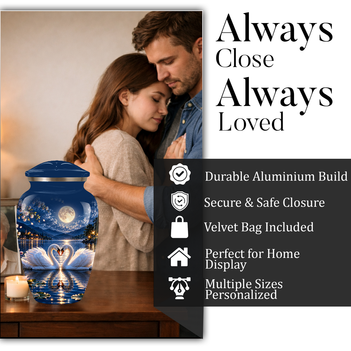 Personalized Adult Cremation Urn for Ashes, Two Swans Under the Full Moon Memorial Urn
