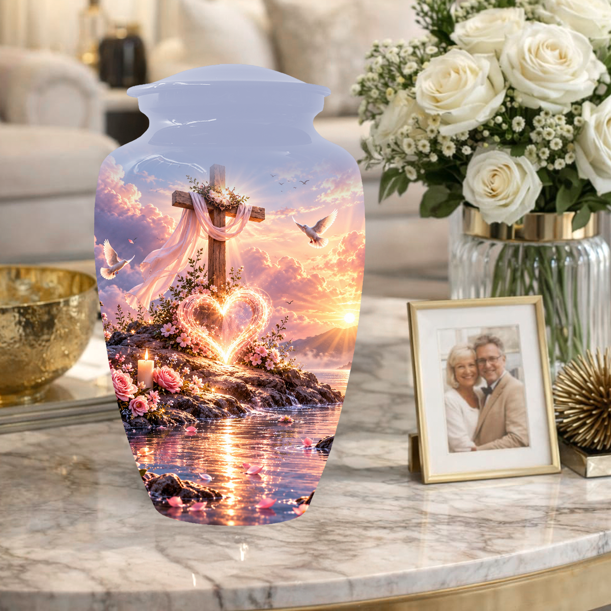 Christian Cremation Urn for Mom - Cross & Dove Extra Large Keepsake Urn
