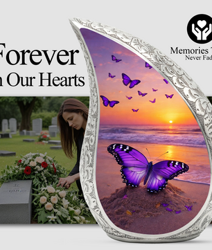 Butterfly Sunset Personalized Cremation Urn – Teardrop Style Aluminum Memorial Urn, 10 Inch