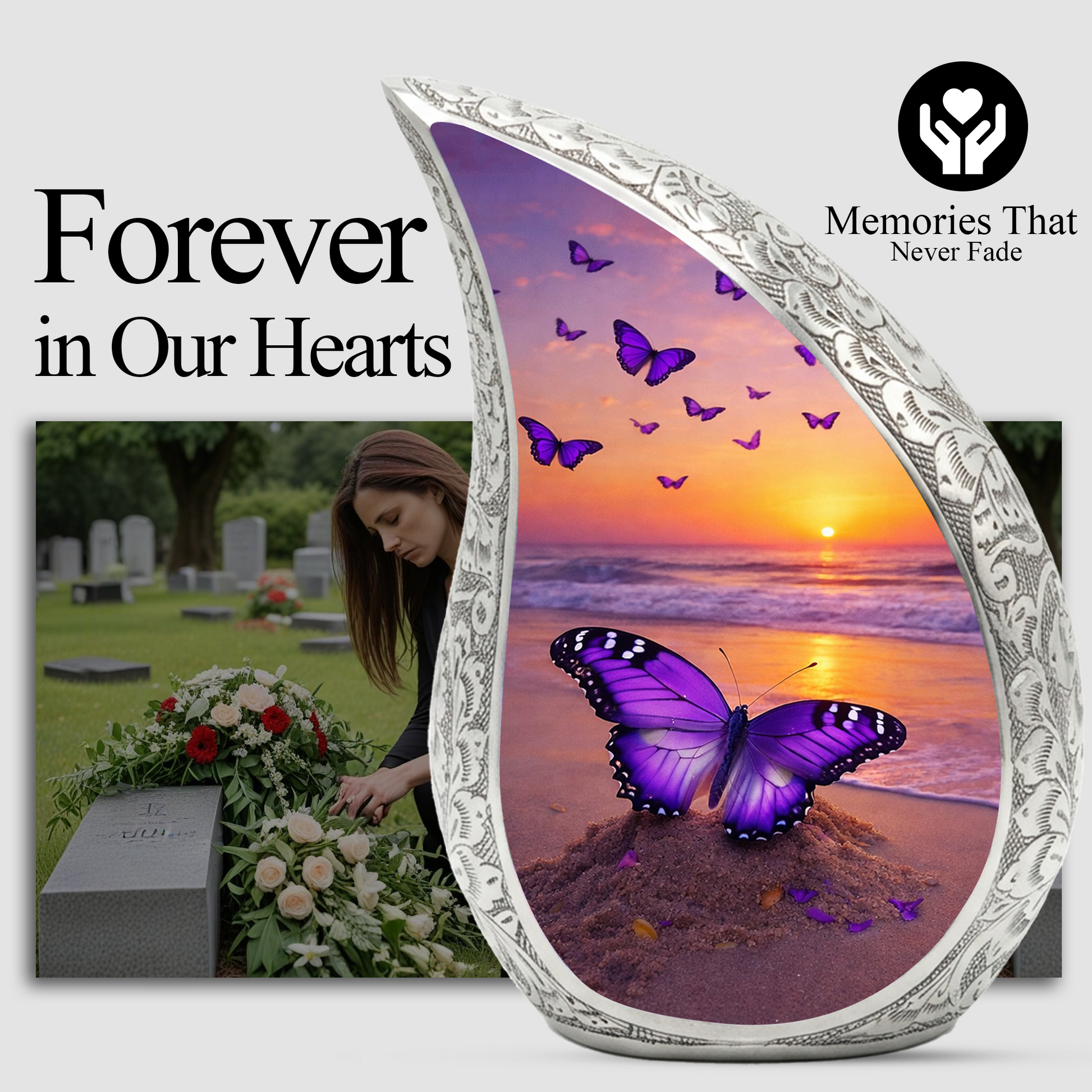 Butterfly Sunset Personalized Cremation Urn – Teardrop Style Aluminum Memorial Urn, 10 Inch