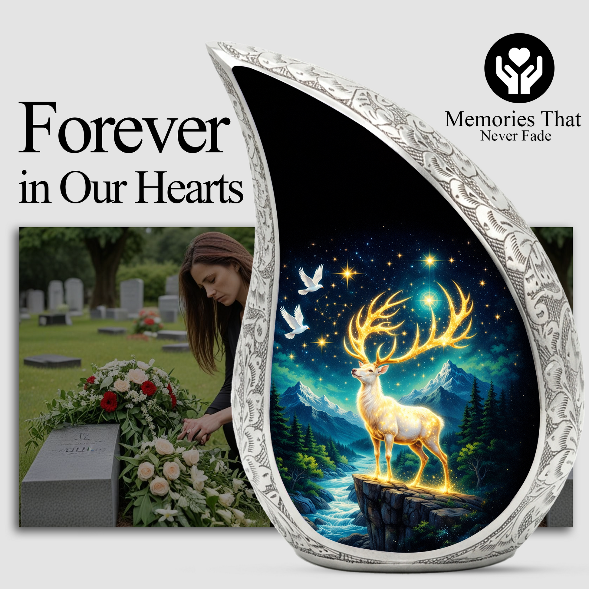 Golden Reindeer Night Landscape Cremation Urn for Adult Ashes