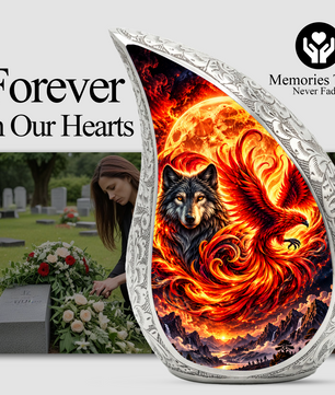 Wolf and Phoenix Urn for Human Ashes, Adult Cremation Urn with Fiery Phoenix and Black Wolf