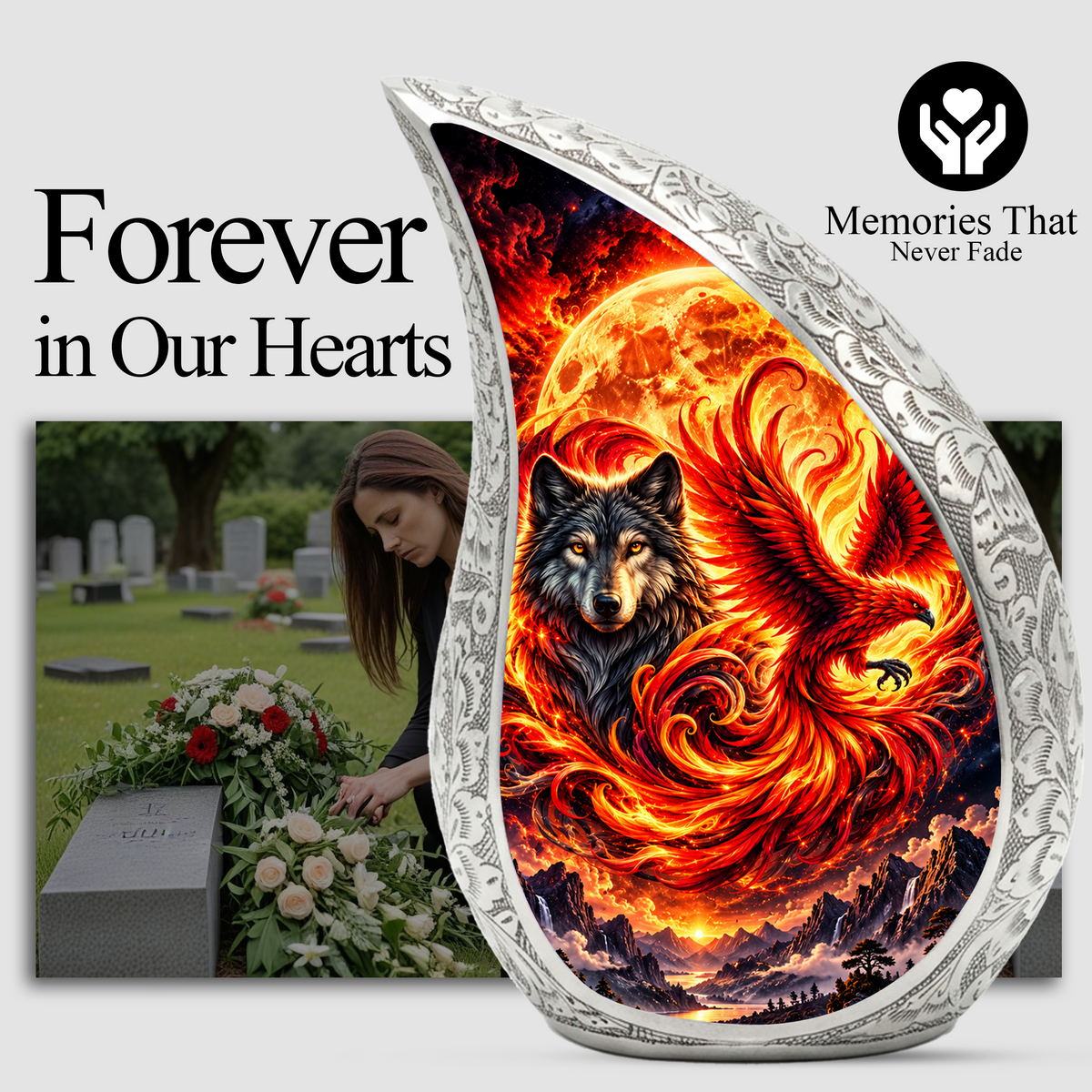 Wolf and Phoenix Urn for Human Ashes, Adult Cremation Urn with Fiery Phoenix and Black Wolf
