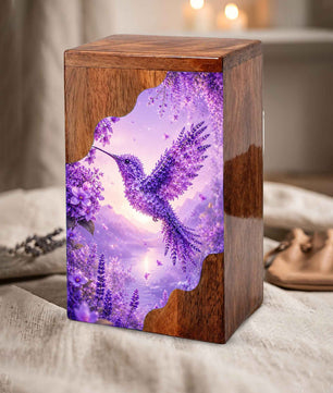Hummingbird Cremation Urn for Mom | Purple Floral Wooden Urn for Human