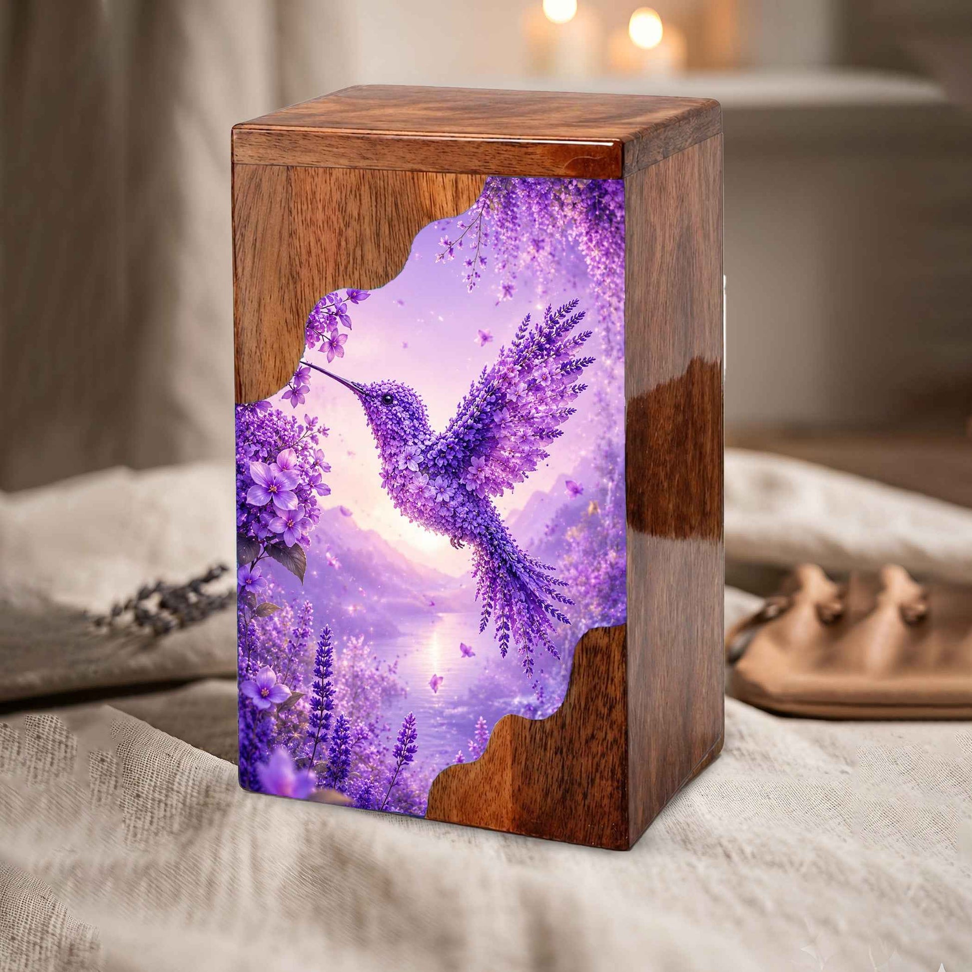 Hummingbird Cremation Urn for Mom | Purple Floral Wooden Urn for Human