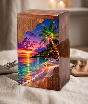Wooden Beach Urn for Human Ashes | Palm Tree Wooden Cremation Urn | Ocean Sunset Memorial Urn