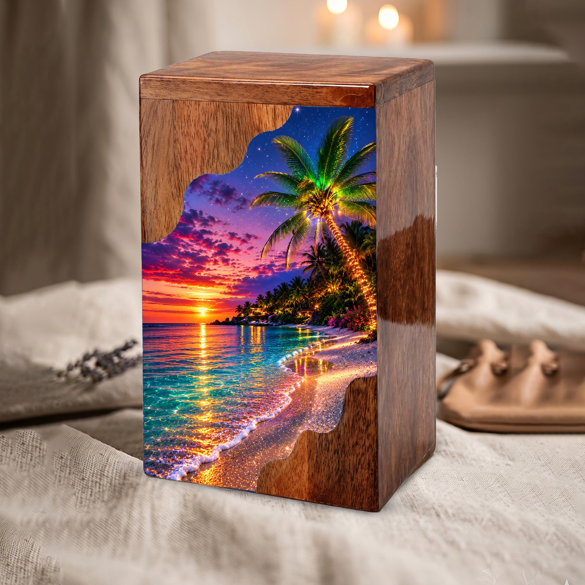 Wooden Beach Urn for Human Ashes | Palm Tree Wooden Cremation Urn | Ocean Sunset Memorial Urn
