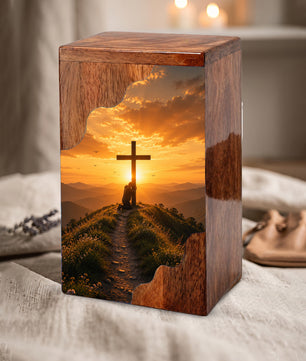 Cross Wooden Cremation Urn – Christian Memorial Urn for Human Ashes