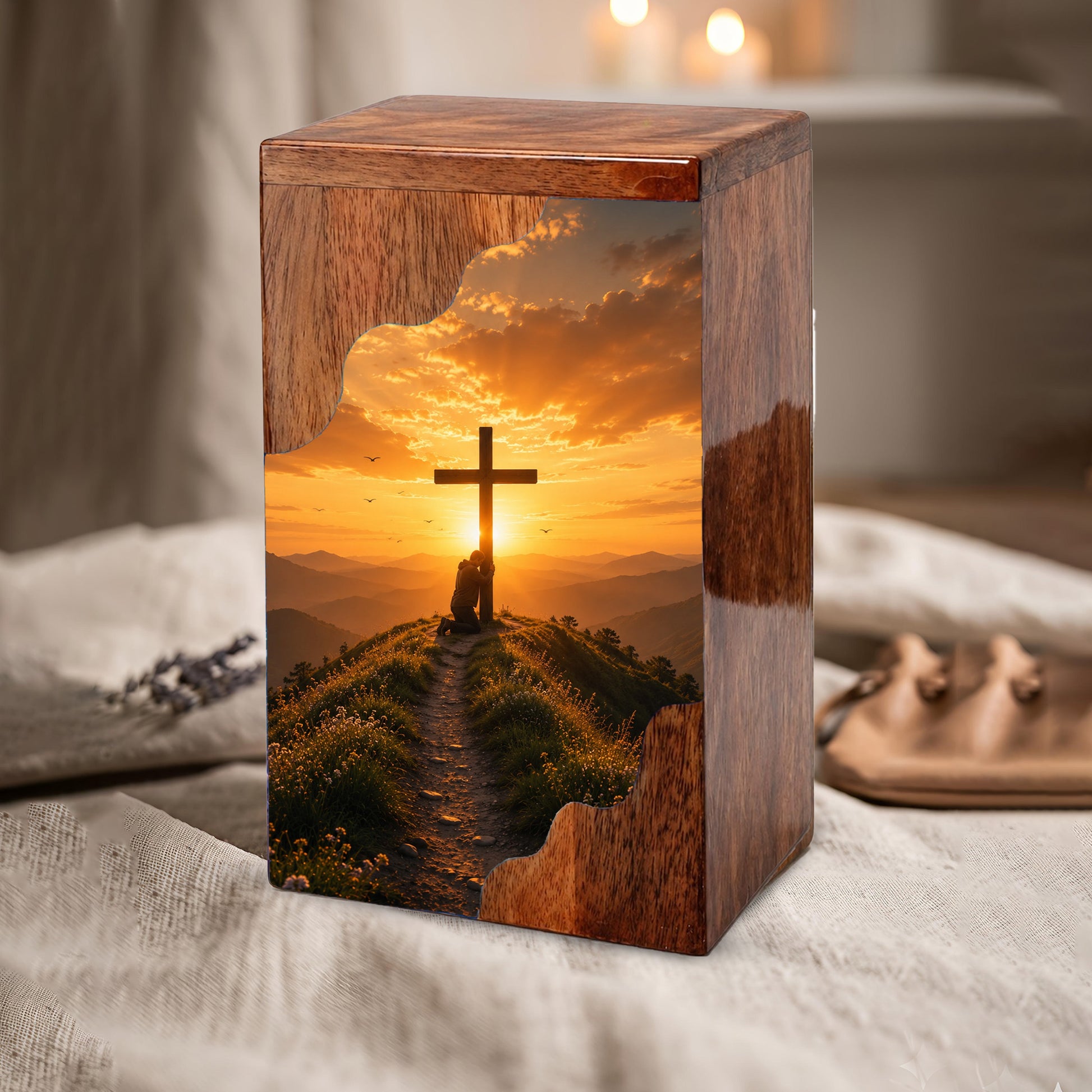 Cross Wooden Cremation Urn – Christian Memorial Urn for Human Ashes