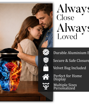 Red Rose Cremation Urn for Adult Ashes – Blue and Orange Flame Memorial Urn