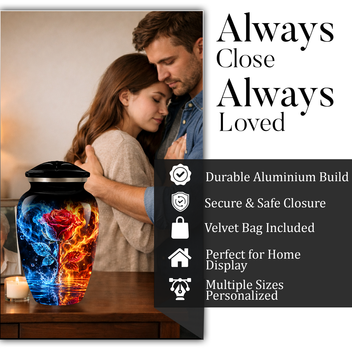 Red Rose Cremation Urn for Adult Ashes – Blue and Orange Flame Memorial Urn