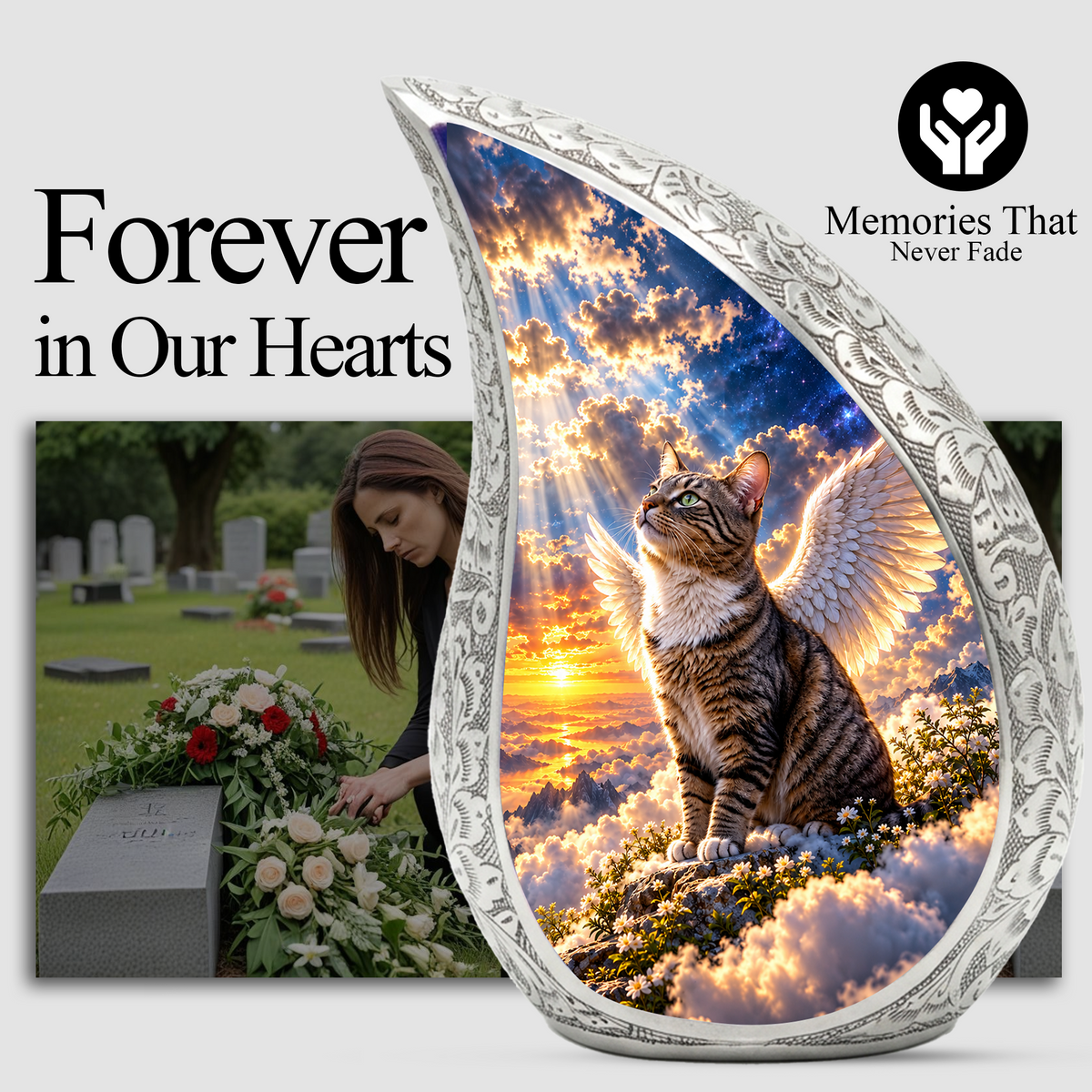 Angel Cat Cremation Urn for Ashes, Winged Cat Memorial Urn, Adult Aluminum Urn