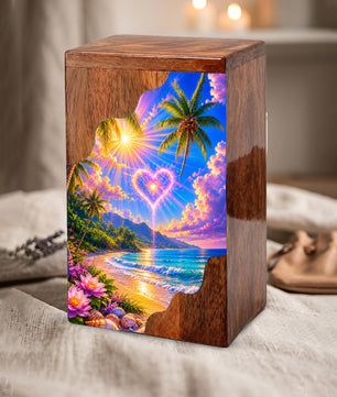 Tropical Beach Wooden Cremation Urn – Heart Sky Memorial Urn with Ocean Sunset Design