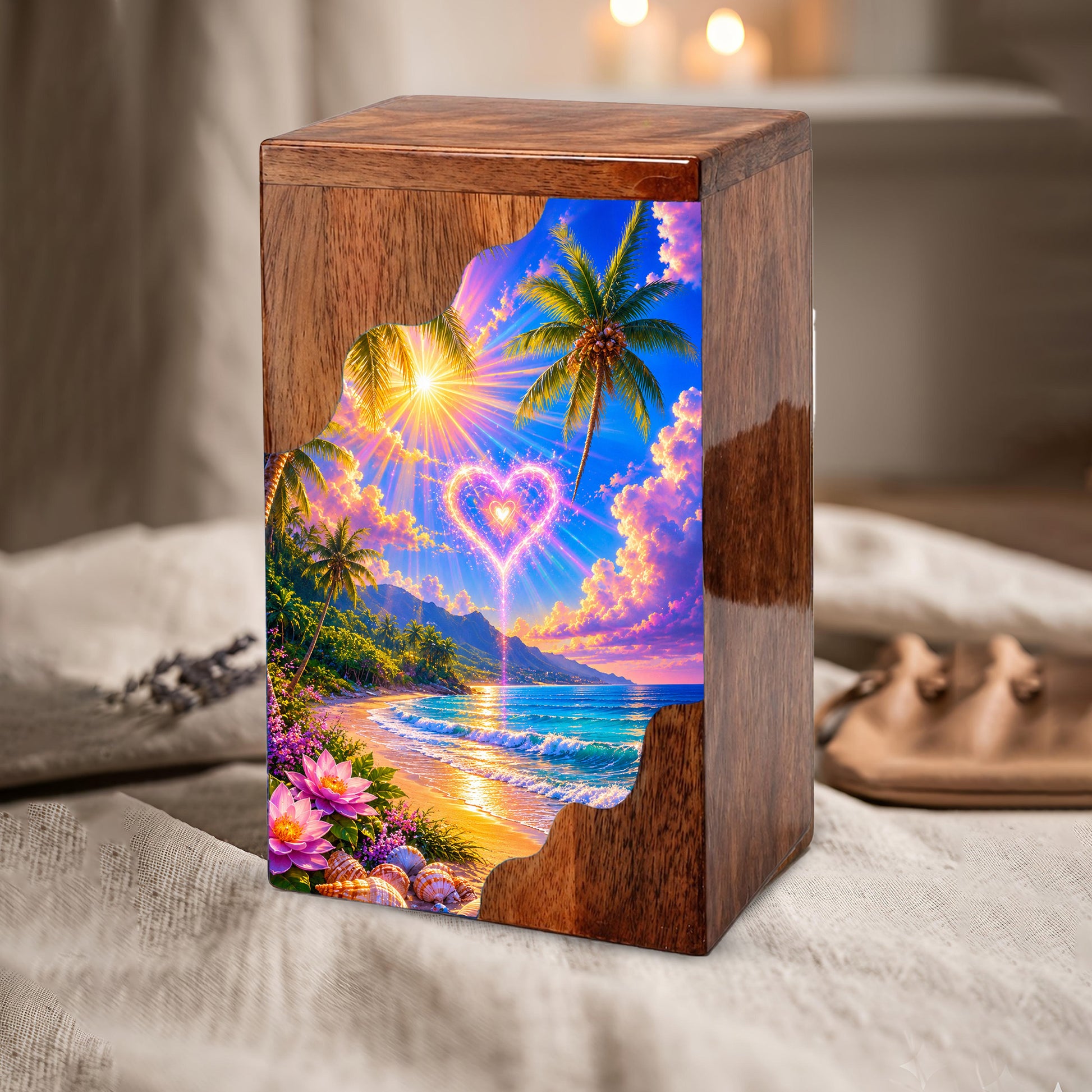 Tropical Beach Wooden Cremation Urn – Heart Sky Memorial Urn with Ocean Sunset Design