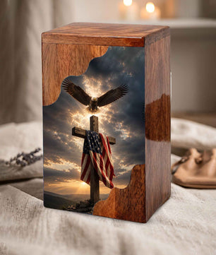 Christian Cross Wooden Cremation Urn for Human Ashes | Patriotic Religious Memorial Urn