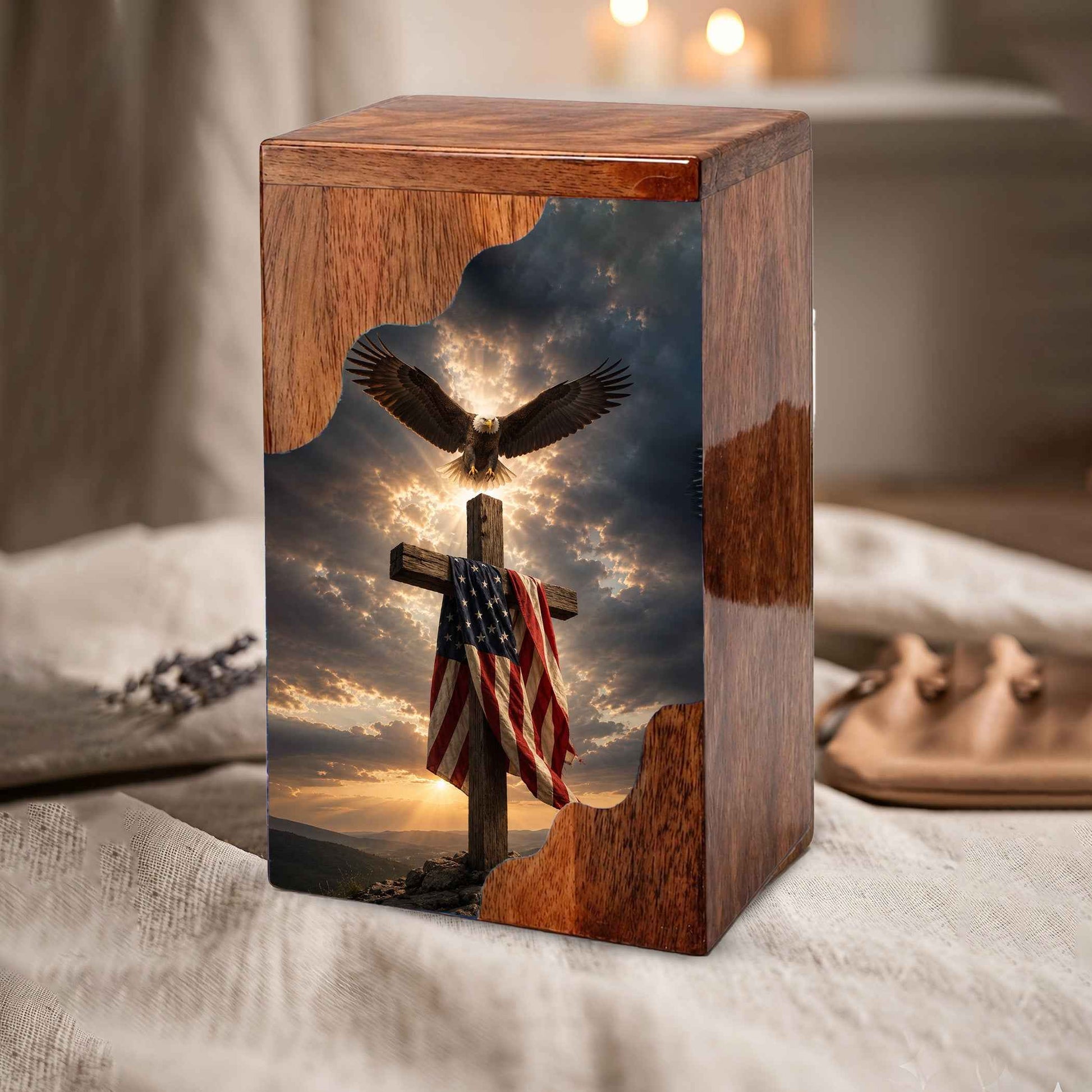Christian Cross Wooden Cremation Urn for Human Ashes | Patriotic Religious Memorial Urn