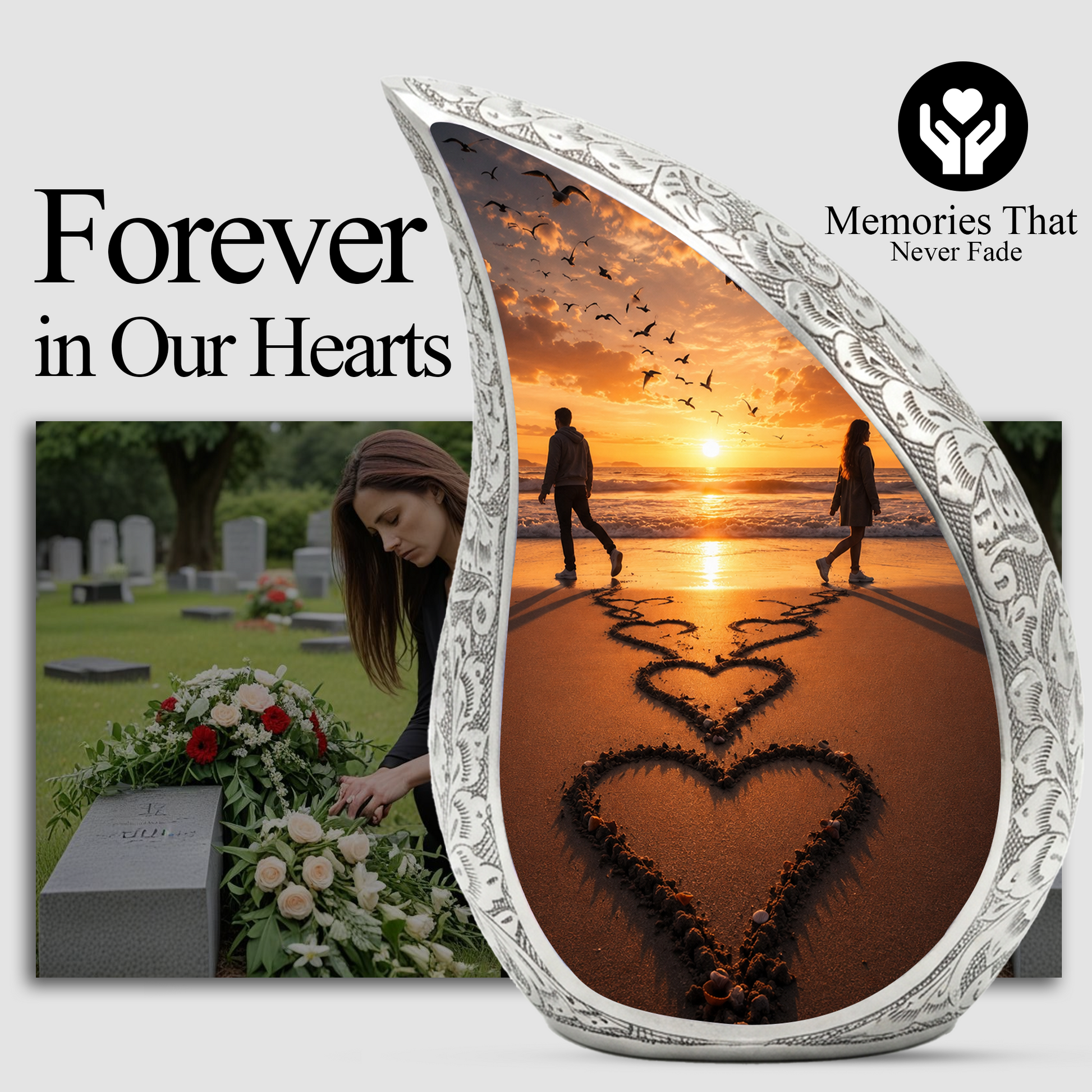 Beach Sunset Cremation Urn for Human Ashes | Heart-Shaped Ocean Memorial Urn & Beach Themed Keepsake Urn