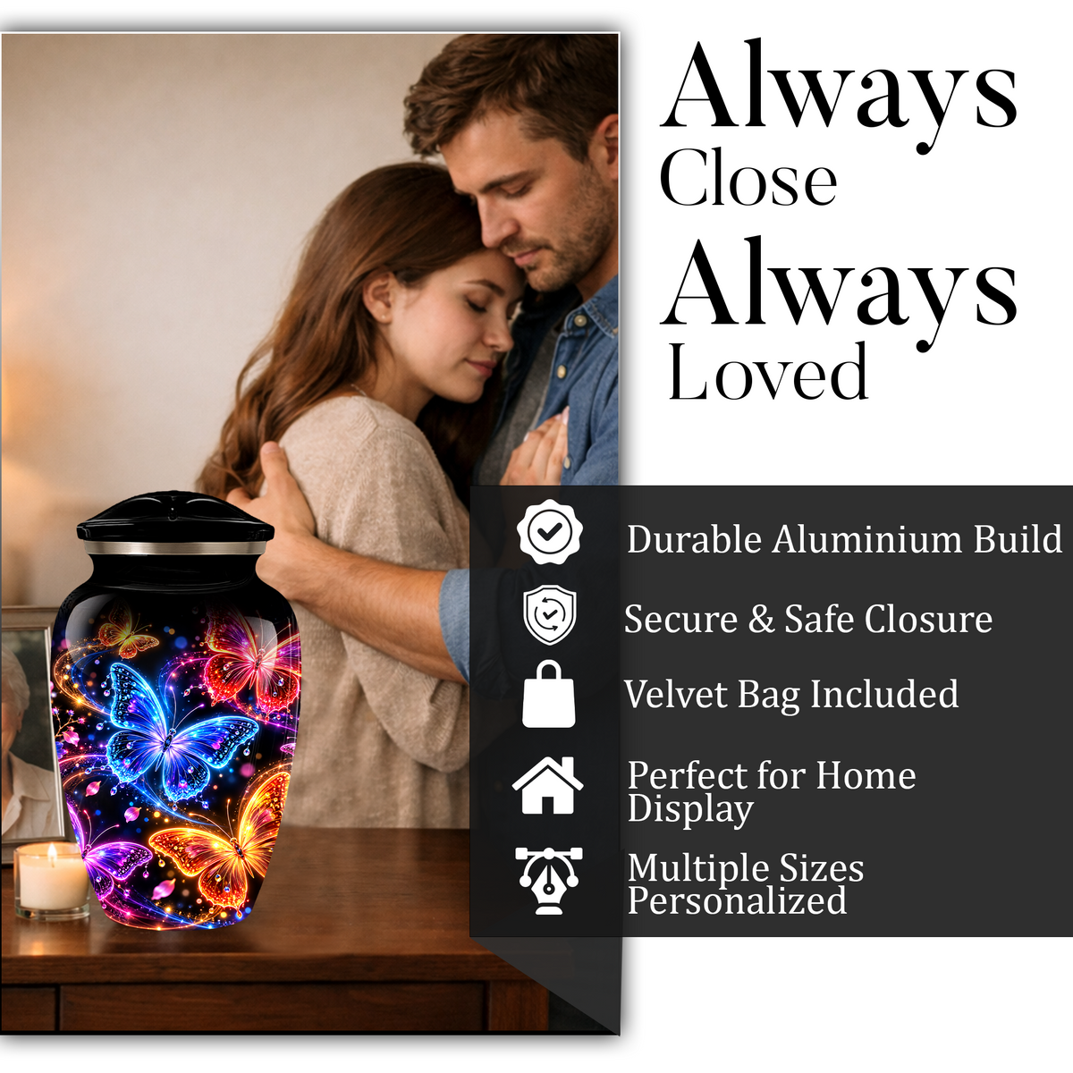 Personalized Butterfly Adult Cremation Urn for Ashes, Colorful Butterfly Memorial Urn, Black Cremation Urn